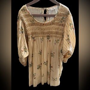 ACOS&A Boho‎ Floral Mustard Yellow Smocked Blouse Sz Small
